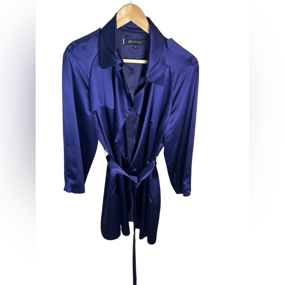 Anne Klein Jewel Tone Purple 100% Silk Long trench coat Jacket - Size Large‎
